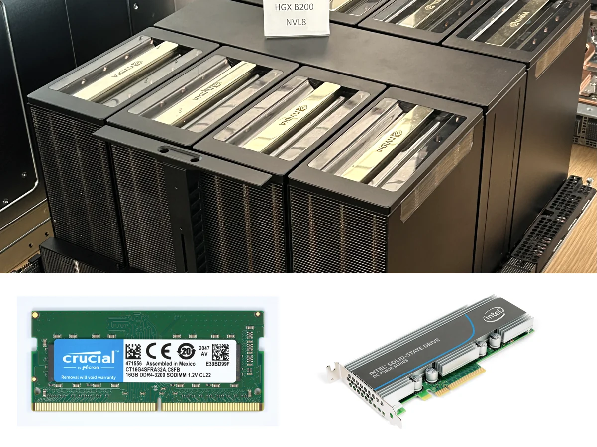 Photo montage of an NVIDIA HGX GPU assembly, a DDR4 memory module, and an Intel PCIe solid-state drive
