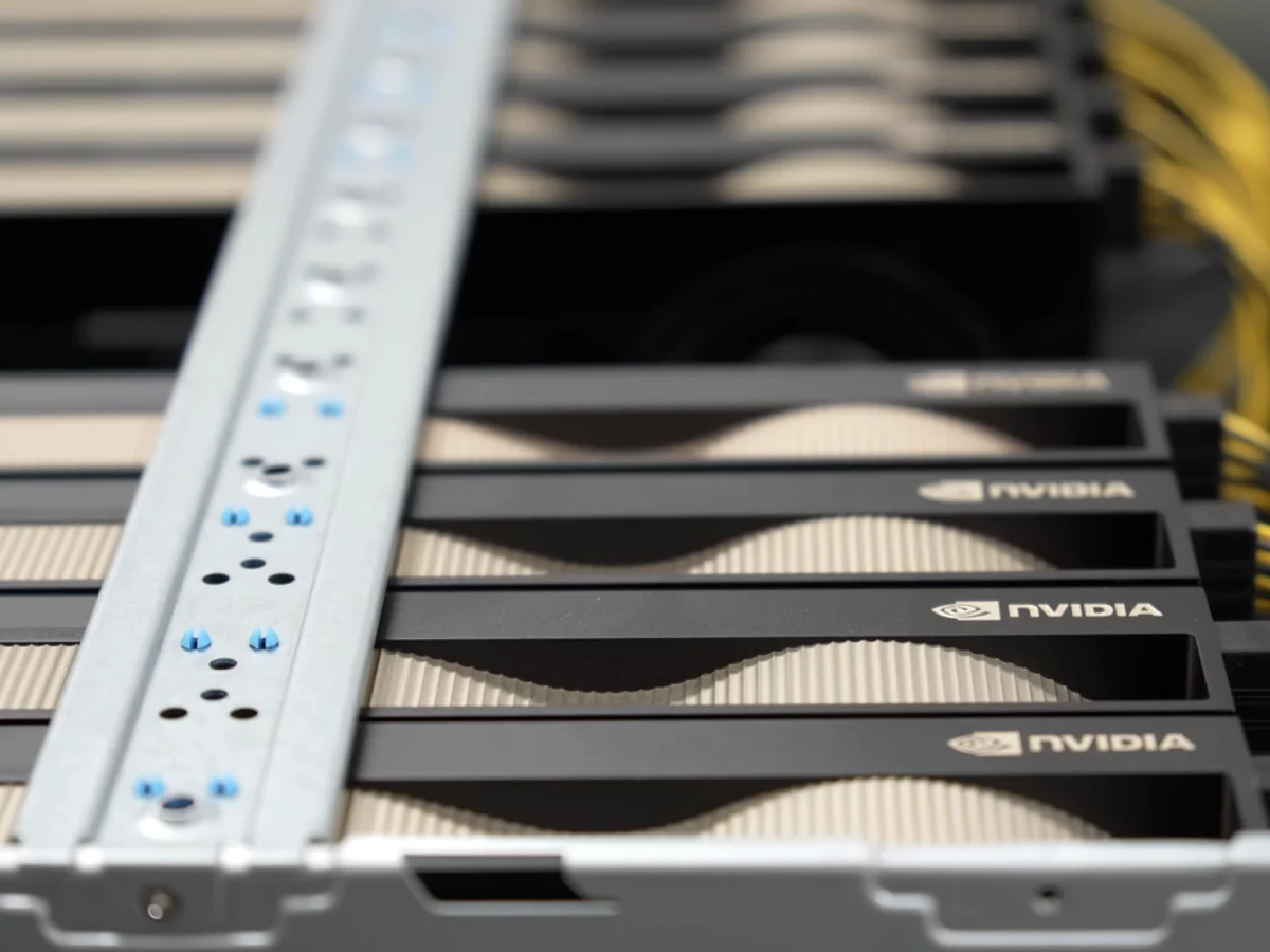 Multiple NVIDIA GPU accelerator cards installed in an open rackmount server chassis
