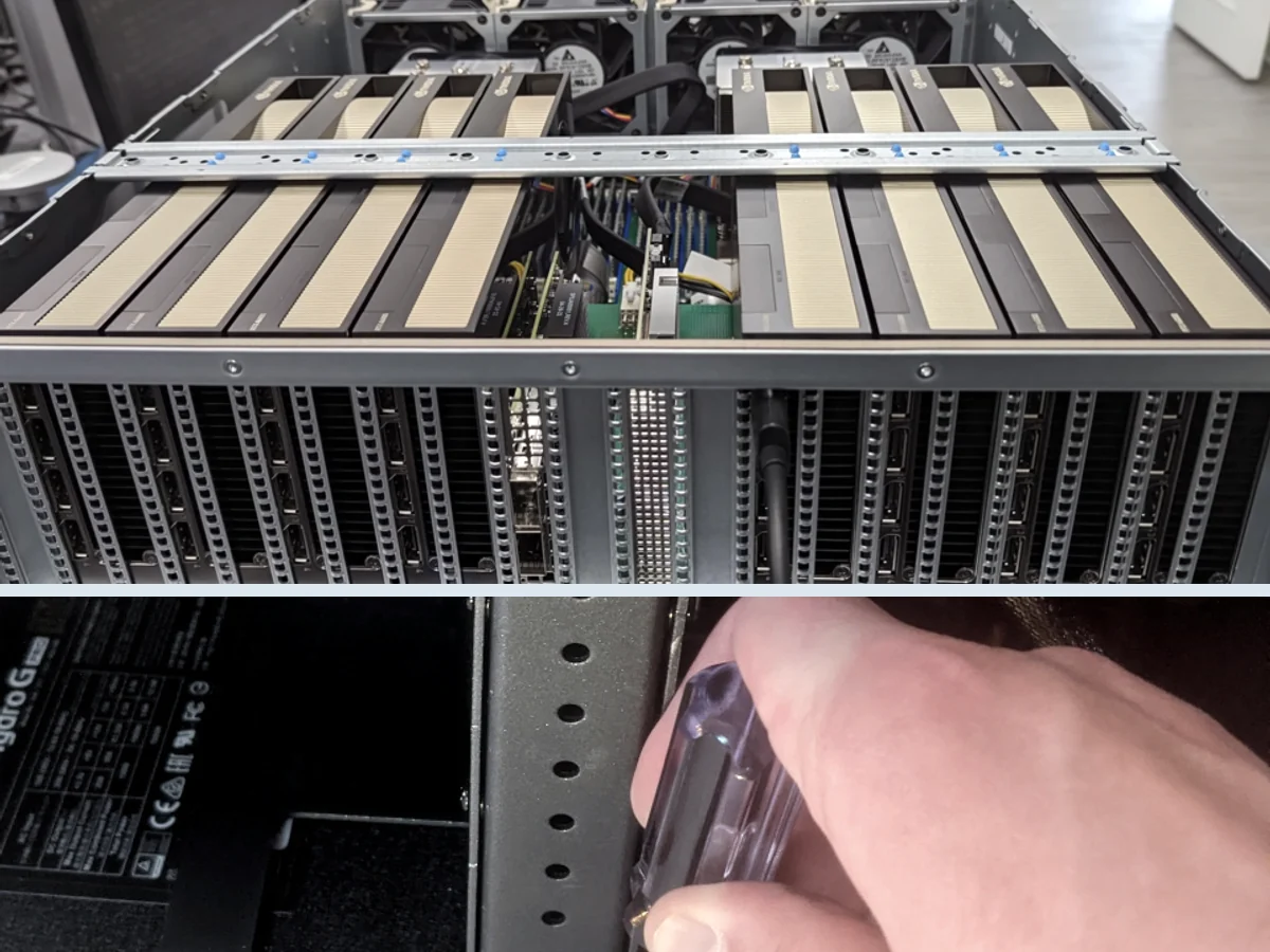 Two photographs: an open multi-GPU server chassis above, and a screwdriver adjusting a workstation GPU support brace below
